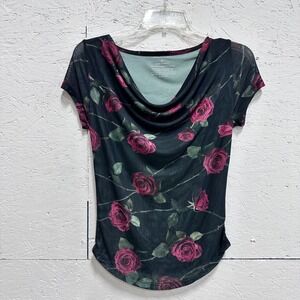 Sweet Lilac S Mesh Top Black Floral Cowl Neck Whimsigoth Dark Romance Y2K Fairy